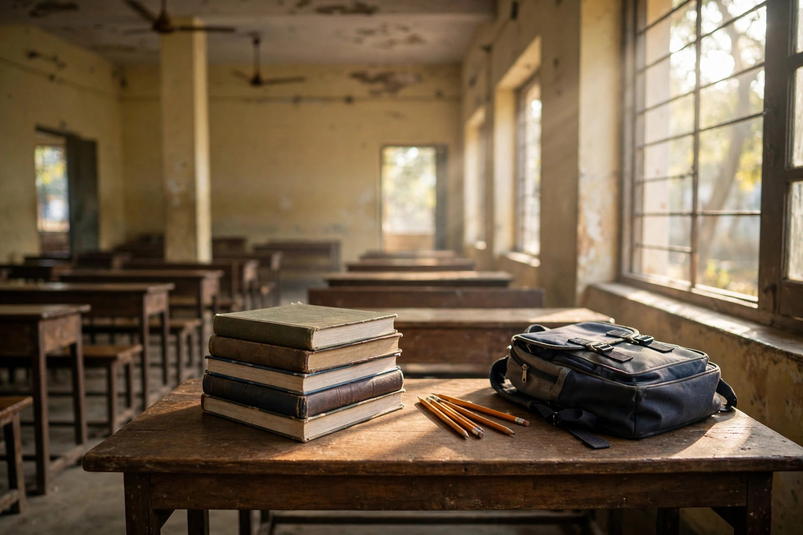 School desk with textbooks and pencils beside a window in a Punjab classroom
