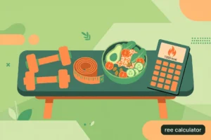 Dumbbells, measuring tape, healthy food bowl and a calculator with a calorie icon for the REE calculator guide