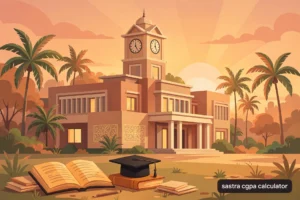 Flat vector illustration of an Indian university campus building with a clock tower, palm trees, books, and a graduation cap