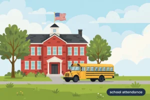 Flat vector illustration of a red-brick American schoolhouse with an American flag and a yellow school bus