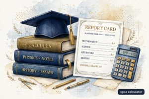 Academic illustration with a graduation cap, report card, and calculator representing the SGPA calculator guide