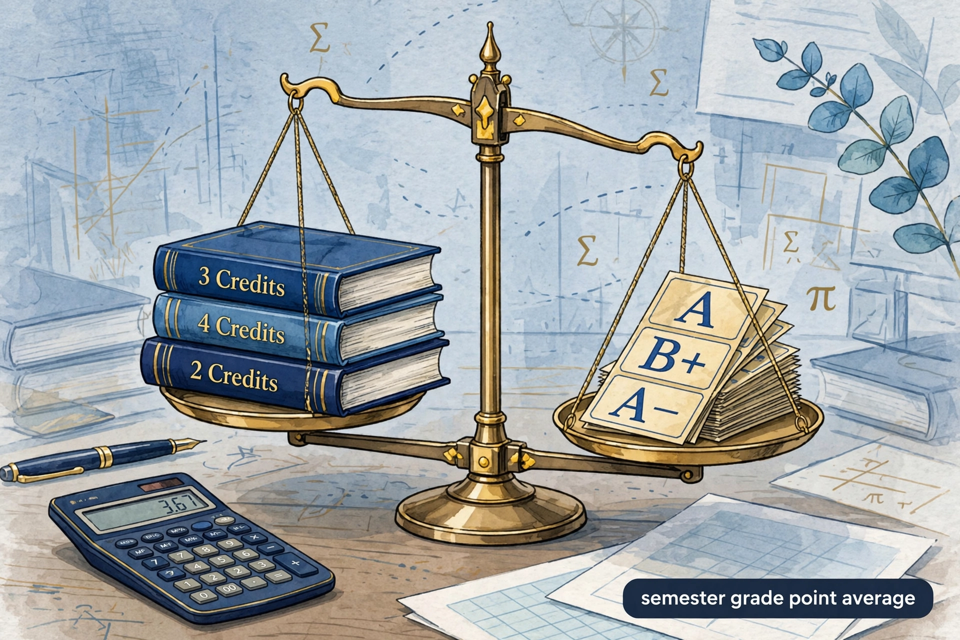 Balance scale weighing credit-weighted books against grades, showing semester grade point average calculation