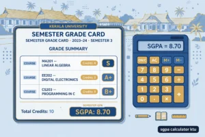 Featured illustration for the KTU SGPA calculator guide showing a semester grade card with S, A+, B+ grades and a calculator displaying the SGPA