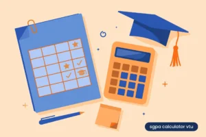 Featured illustration for the SGPA calculator VTU guide showing a grade report sheet, calculator, and graduation cap