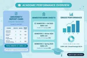 Academic performance dashboard with semester mark sheets and grade charts, badge reads sgpa to cgpa calculator