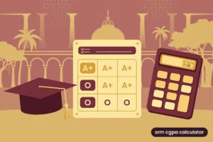 Featured illustration for the SRM CGPA calculator guide showing a graduation cap, grade table and calculator