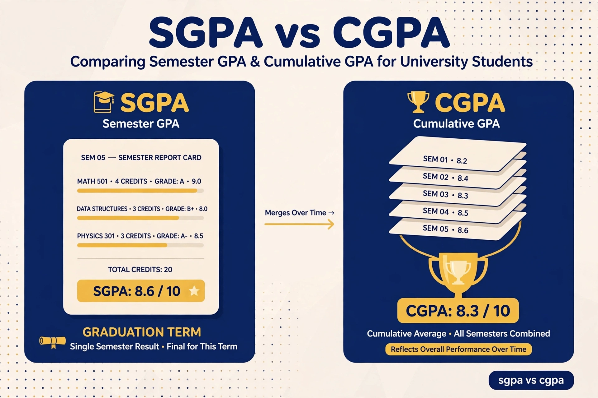 SGPA vs CGPA comparison illustration showing a single-semester report card merging over time into a cumulative GPA