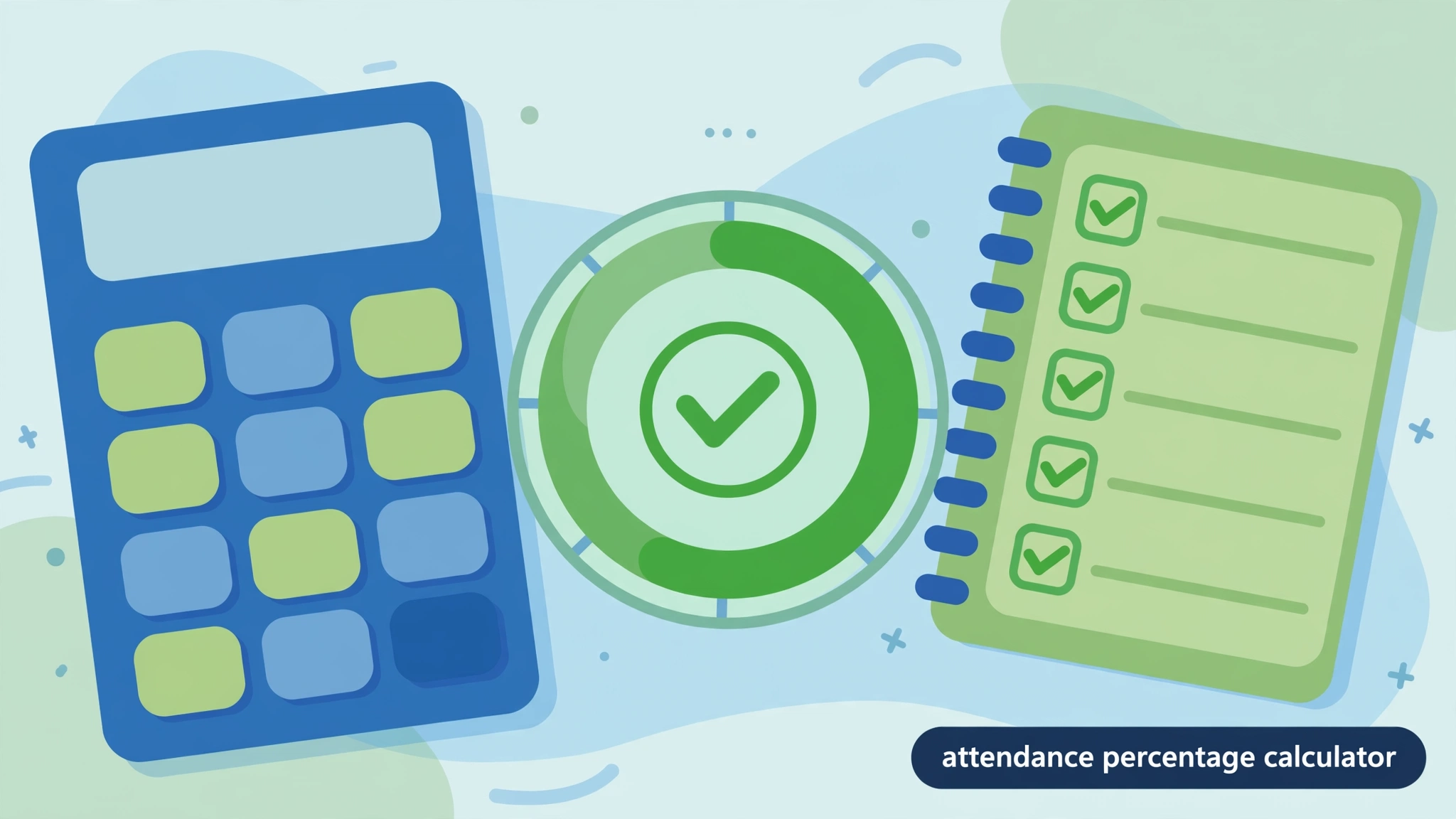 Illustration of an attendance percentage calculator with a progress gauge, a calculator, and a checklist notebook