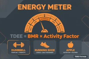 Energy meter graphic showing the TDEE equals BMR times activity factor formula