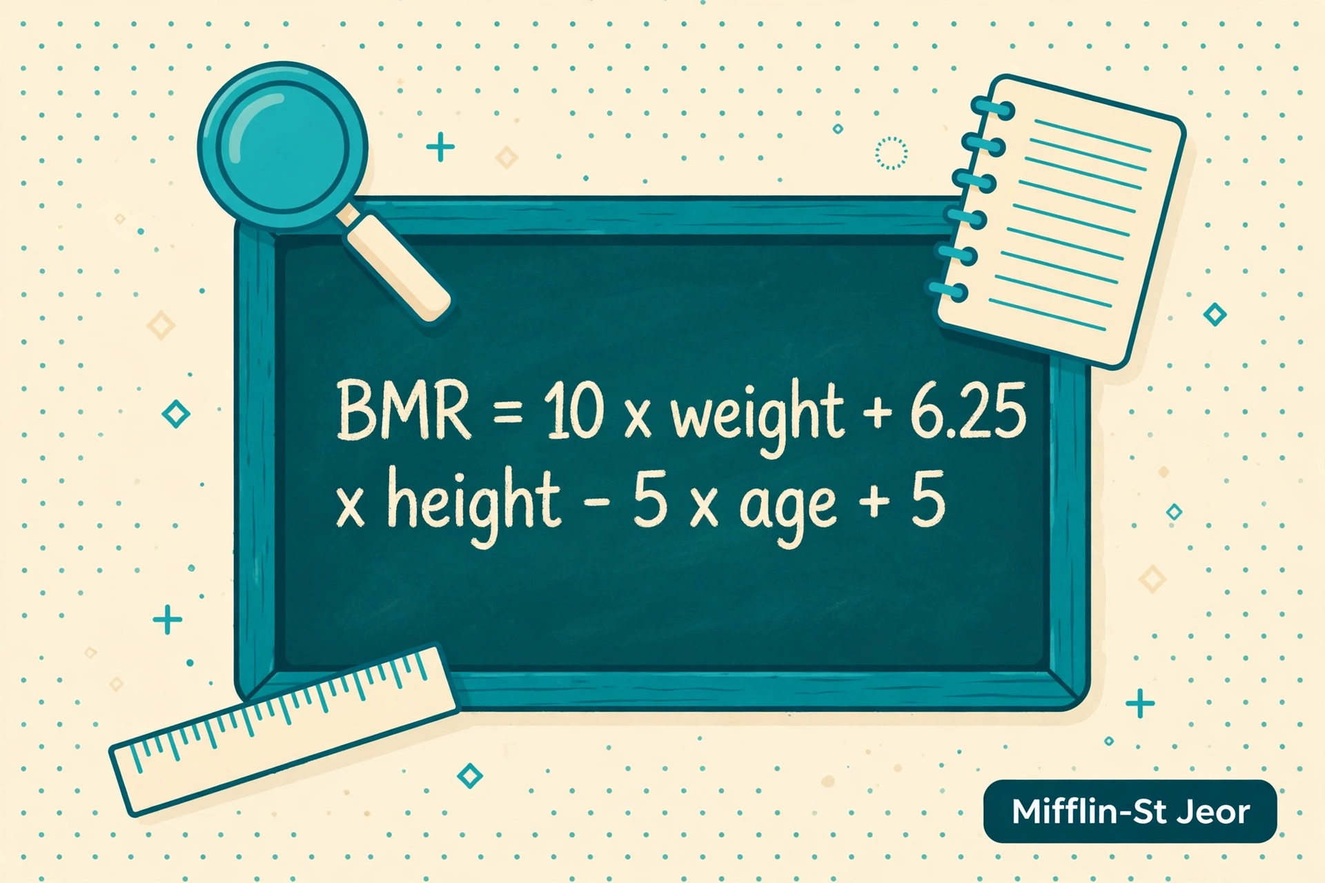 Chalkboard breaking down the Mifflin-St Jeor BMR equation term by term