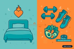 Featured split illustration comparing TDEE vs BMR: resting burn versus active daily burn
