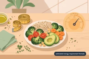 Flat vector illustration of a balanced meal plate, measuring tape, and a calorie gauge on a kitchen table