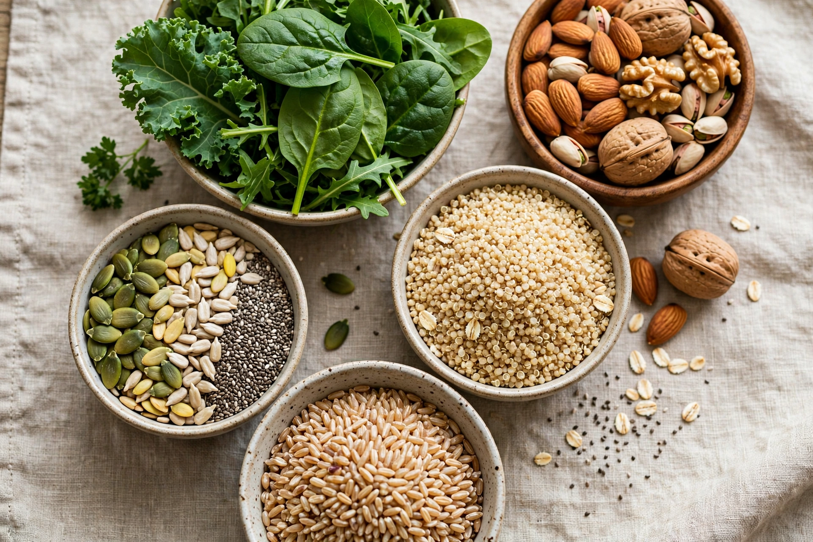 Fresh leafy greens nuts seeds and whole grains arranged in bowls for a nutrient-dense diet
