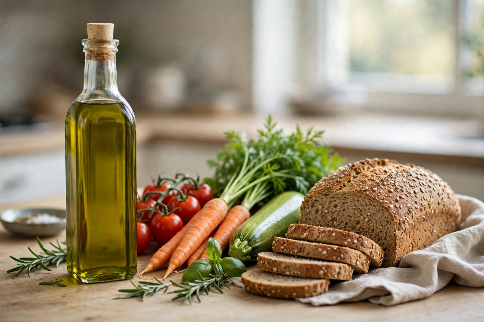 Olive oil bottle beside fresh vegetables and whole grain bread on a kitchen counter