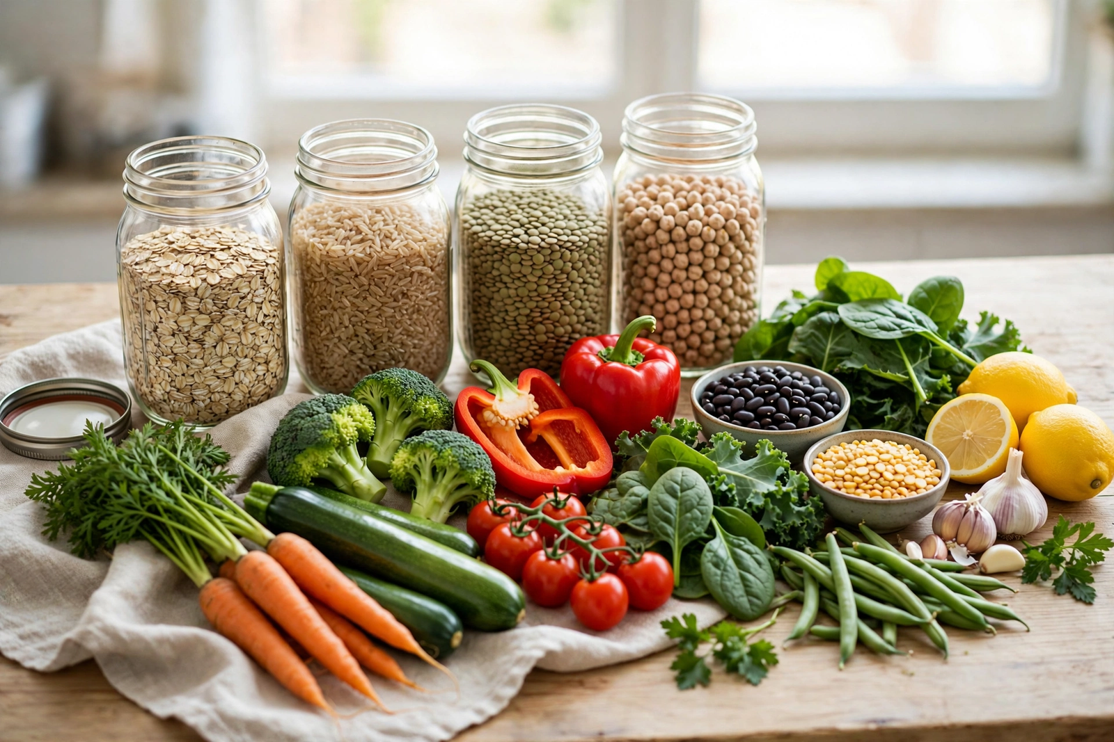 Fresh vegetables whole grains and legumes arranged for a calorie-controlled weekly meal plan