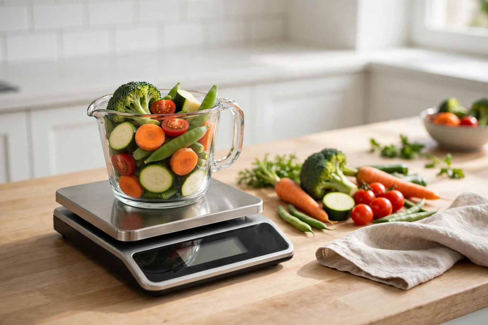 Kitchen scale and measuring cup with fresh vegetables for portion-controlled cooking