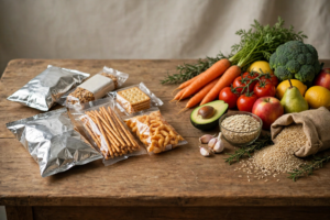 Ultra-processed packaged snacks beside fresh whole foods showing diet quality contrast