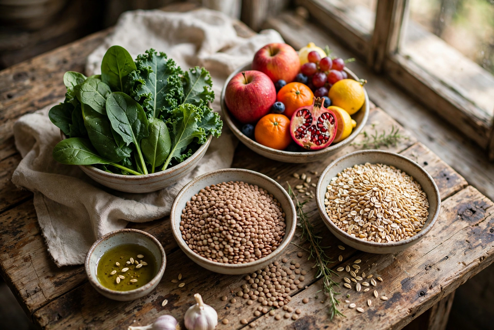 Fresh vegetables fruits and whole grains supporting brain health and balanced calories