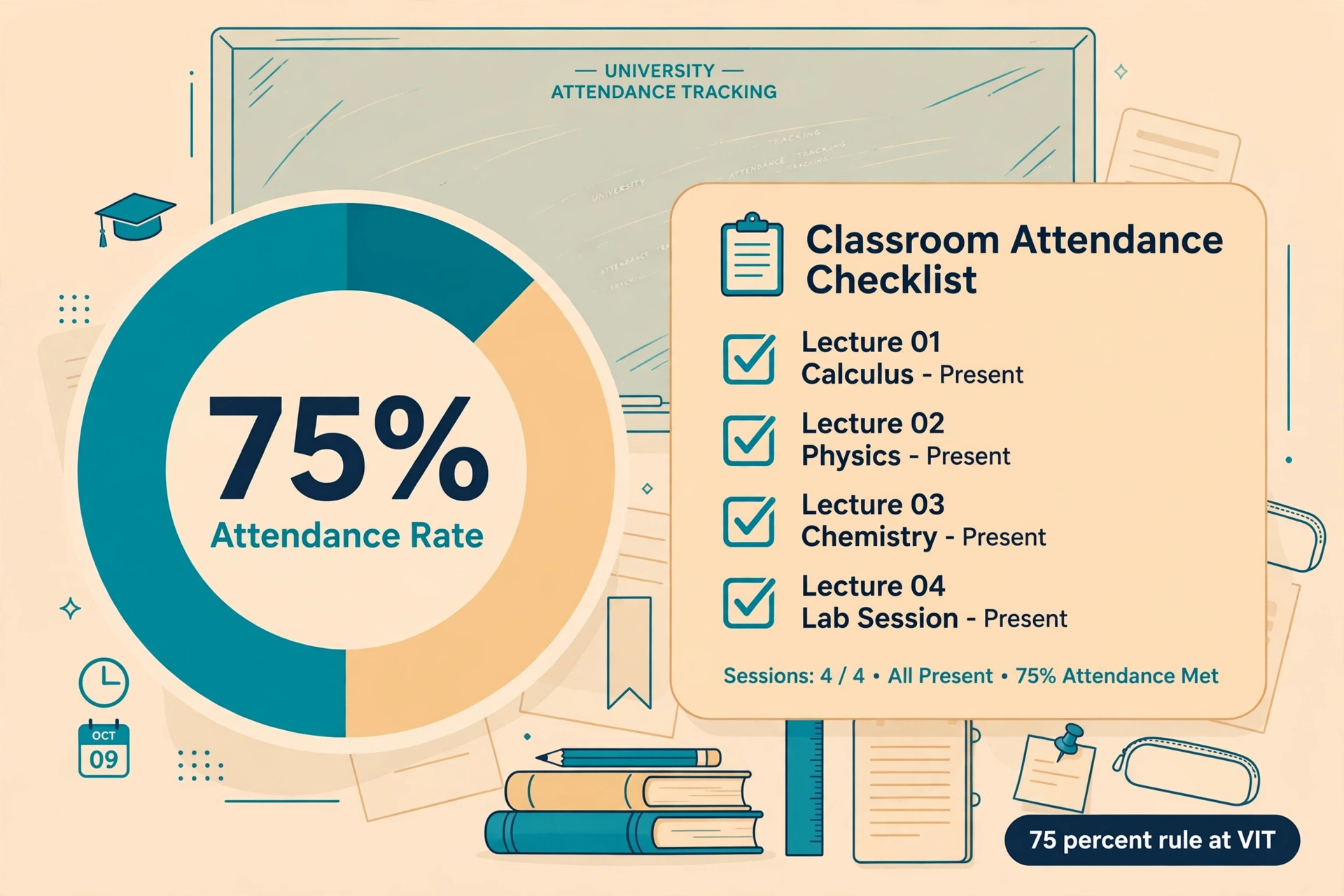Attendance tracking dashboard showing the 75 percent rule at VIT