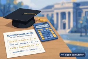 Graduation cap, calculator and semester grade report illustrating the VIT CGPA calculator guide
