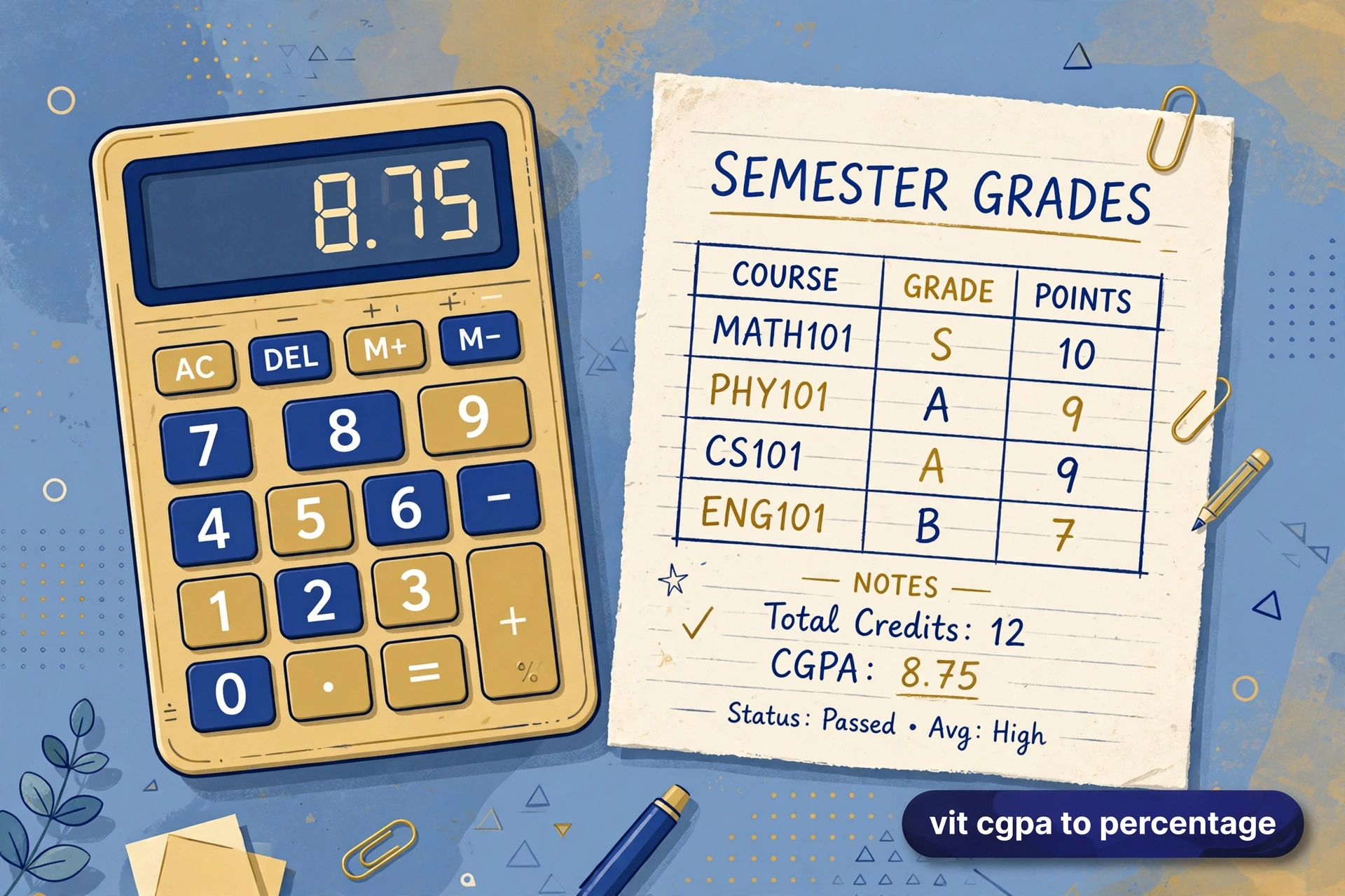 Calculator beside a semester grades table showing how VIT CGPA converts to percentage