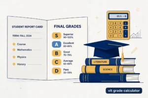 Featured illustration for the VIT grade calculator guide showing a student report card with S A B C D grades, calculator, and graduation cap