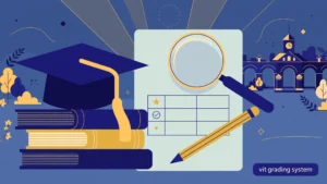Graduation cap and books beside a grade report card with a magnifying glass, illustrating the VIT grading system