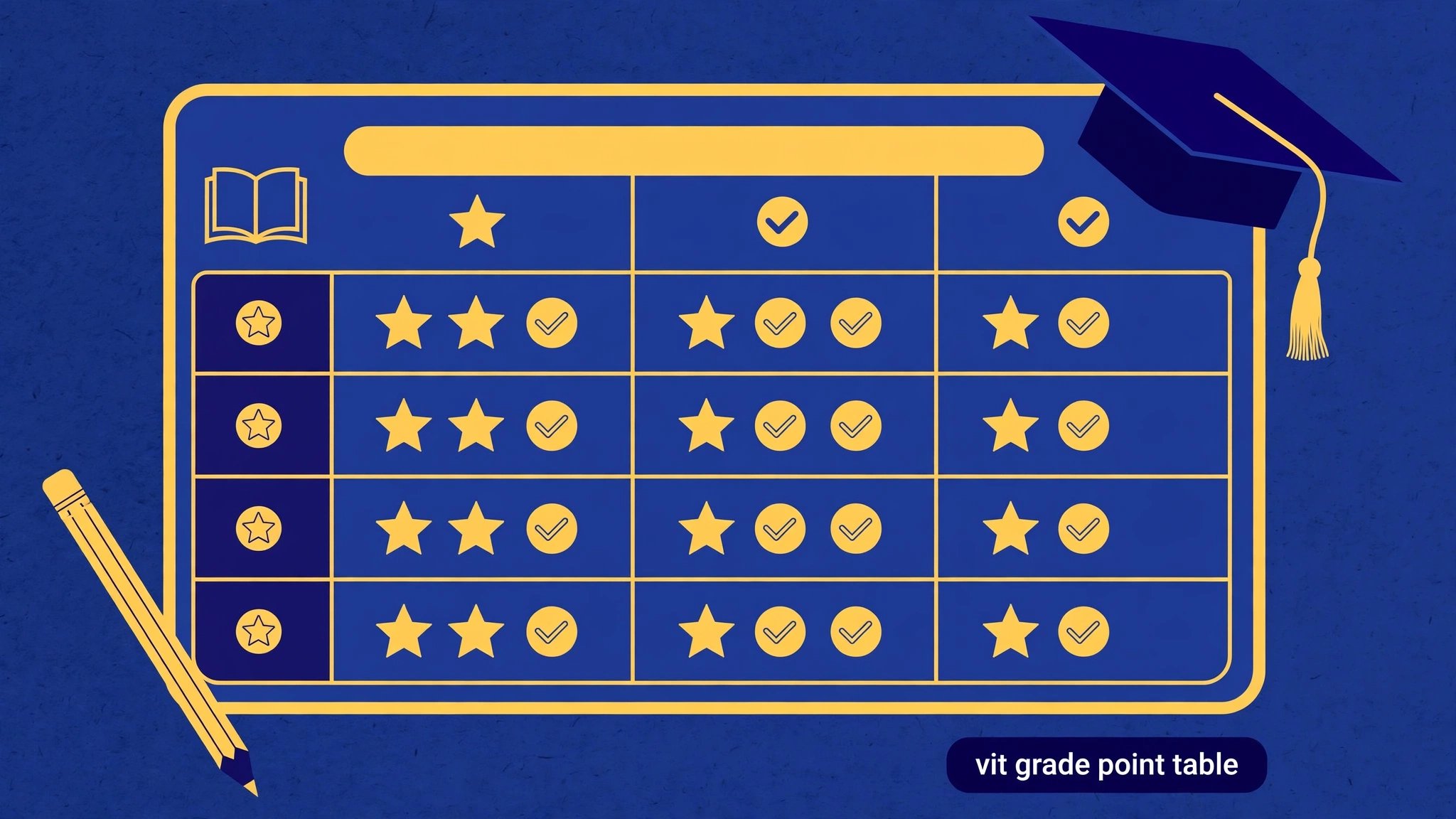 Illustration of the VIT grade point table on a report card with star and checkmark icons, a graduation cap, and a pencil