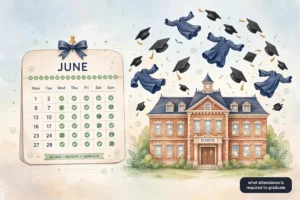 School building with graduation caps and attendance calendar showing what attendance is required to graduate