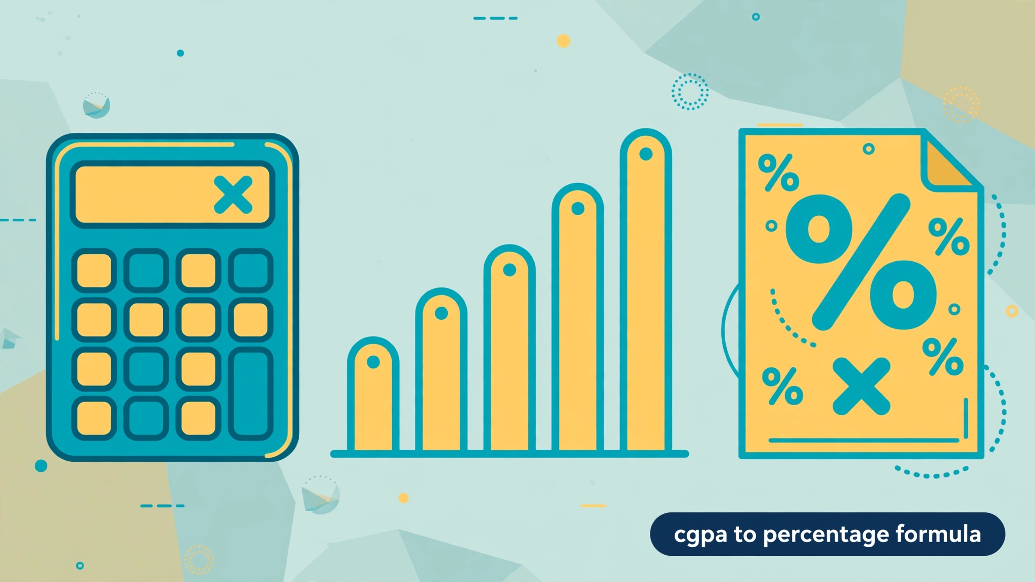 Illustration of the CGPA to percentage formula with a calculator, a rising bar chart, and a percentage document