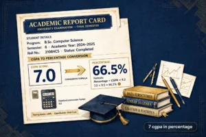 Academic report card showing a 7.0 CGPA score converting to 66.5 percent with a calculator and graduation cap, badge reading 7 cgpa in percentage