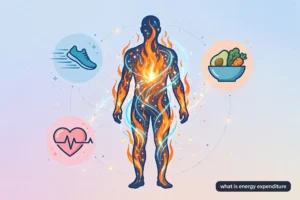 Stylized human body silhouette with energy and flame motifs illustrating what energy expenditure is