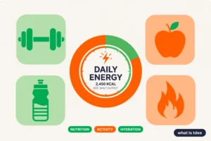 Featured illustration for the what is TDEE guide showing a daily energy gauge with dumbbell, apple, water bottle, and flame icons