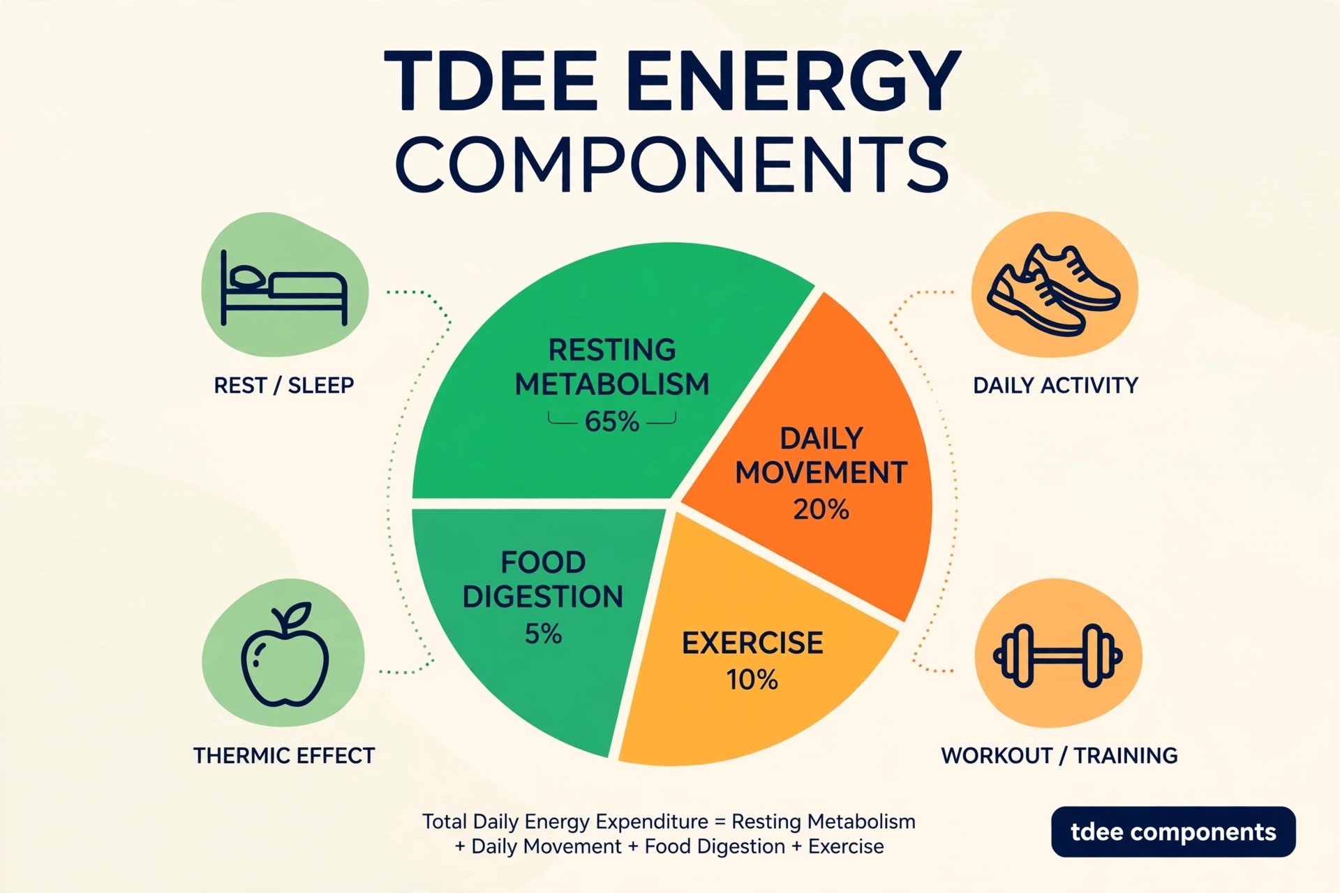 Fitness illustration showing the TDEE components as a pie chart of resting metabolism, daily movement, food digestion, and exercise